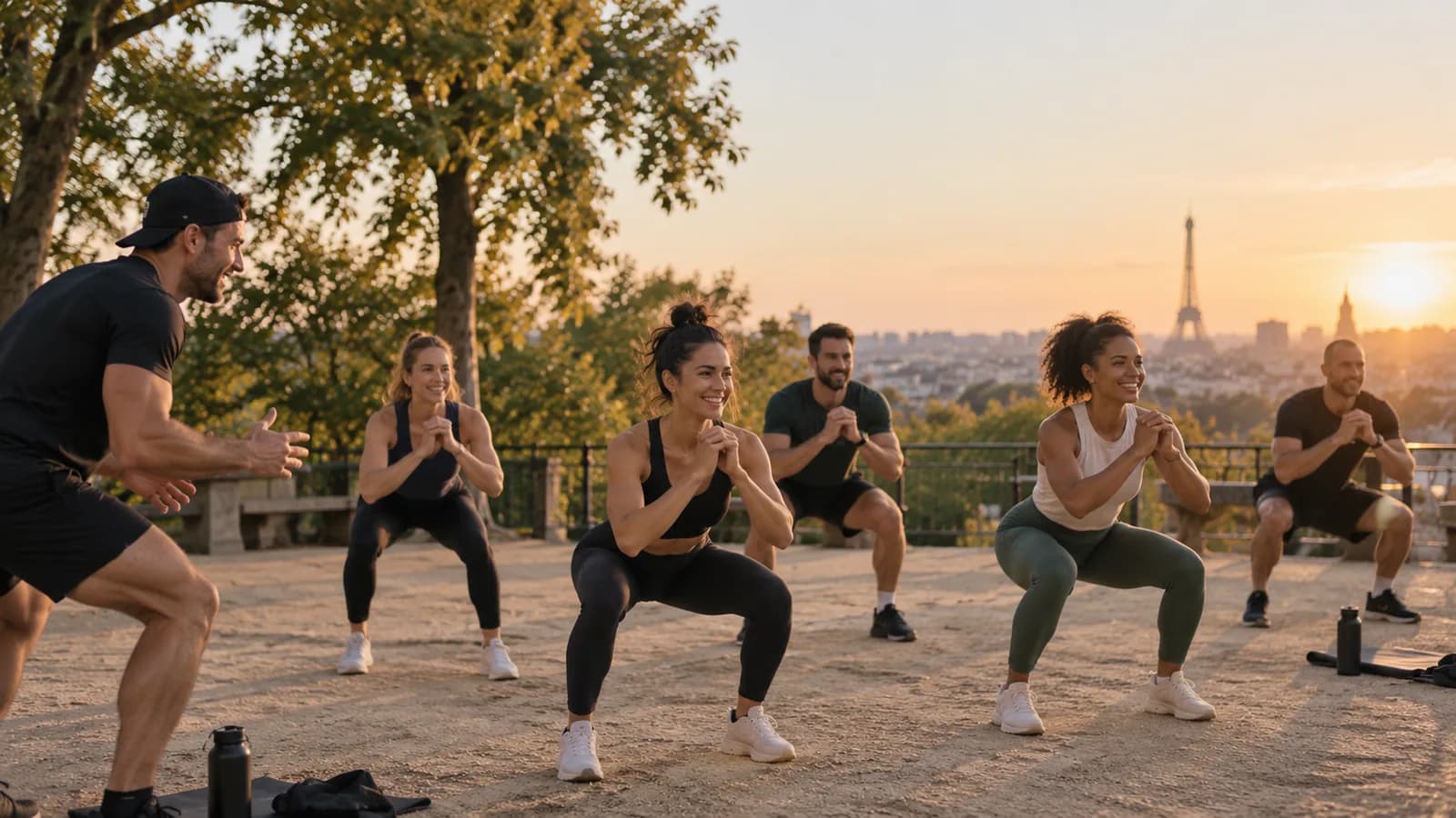 Cours collectif de sport en extérieur à Paris, coach et petit groupe s'entraînant devant la tour Eiffel